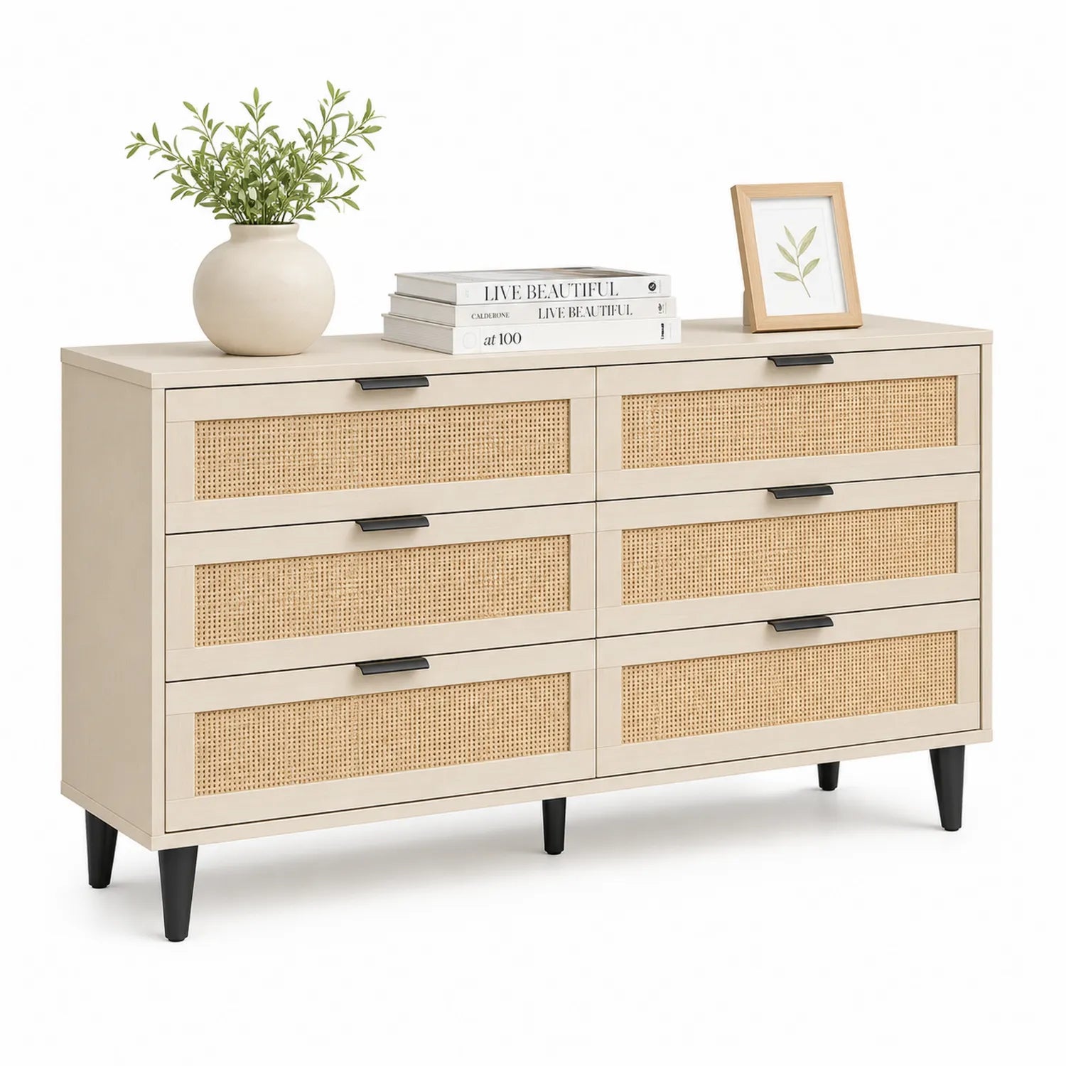 Holzkommode mit Rattaneinsätzen, sechs Schubladen, Beige