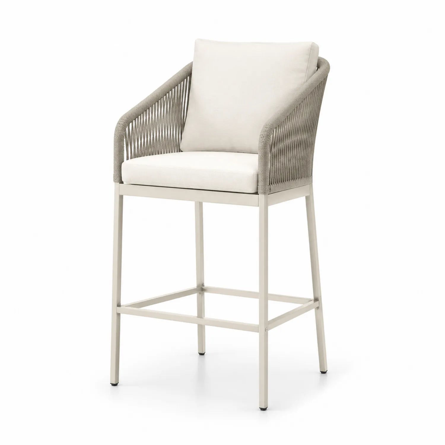 Aluminium-Hochlehner mit Seilgeflecht und Kissen, Beige und Grau