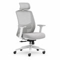 Silla de oficina ergonómica con respaldo de malla gris y reposacabezas ajustable