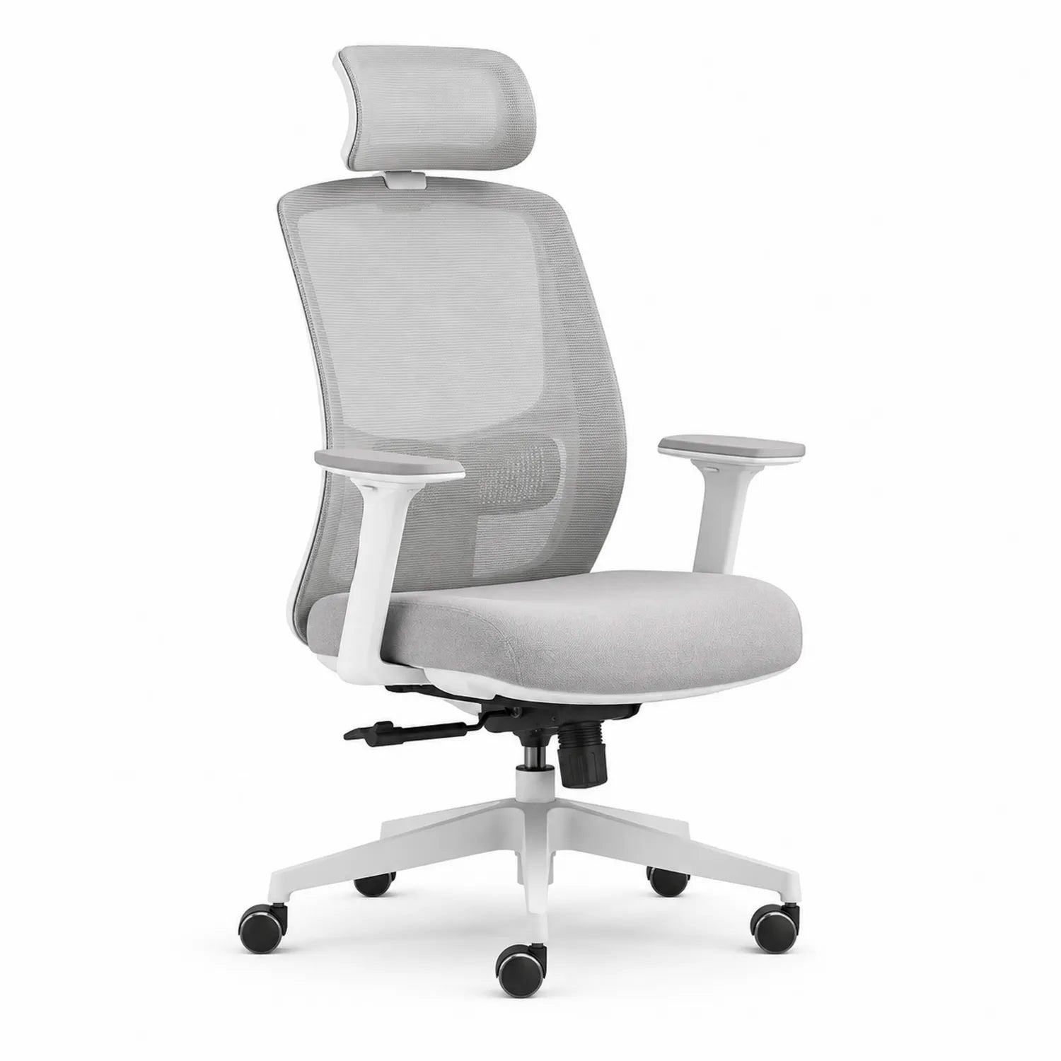Ergonomischer Bürostuhl mit grauer Netzrückenlehne und verstellbarer Kopfstütze