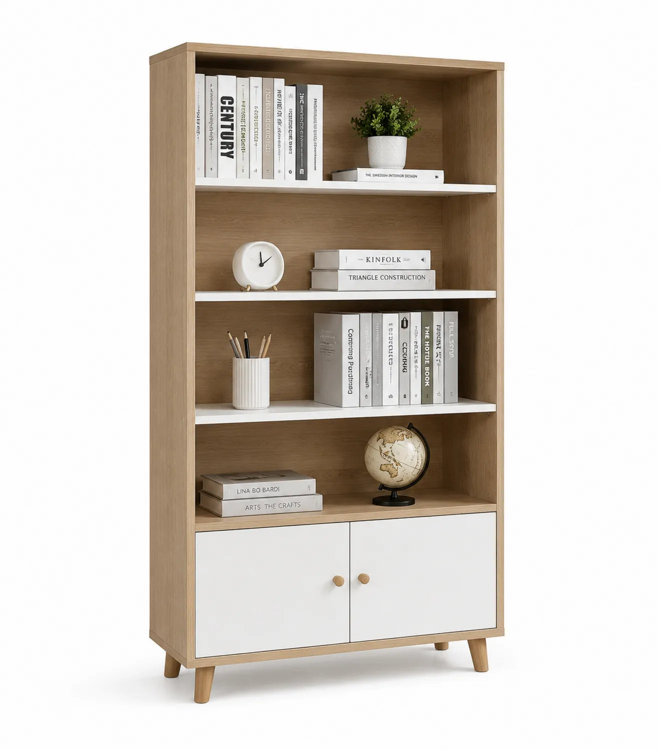 Holzregal mit Böden und Schrank, Eiche und Weiß, 80x30x180 cm