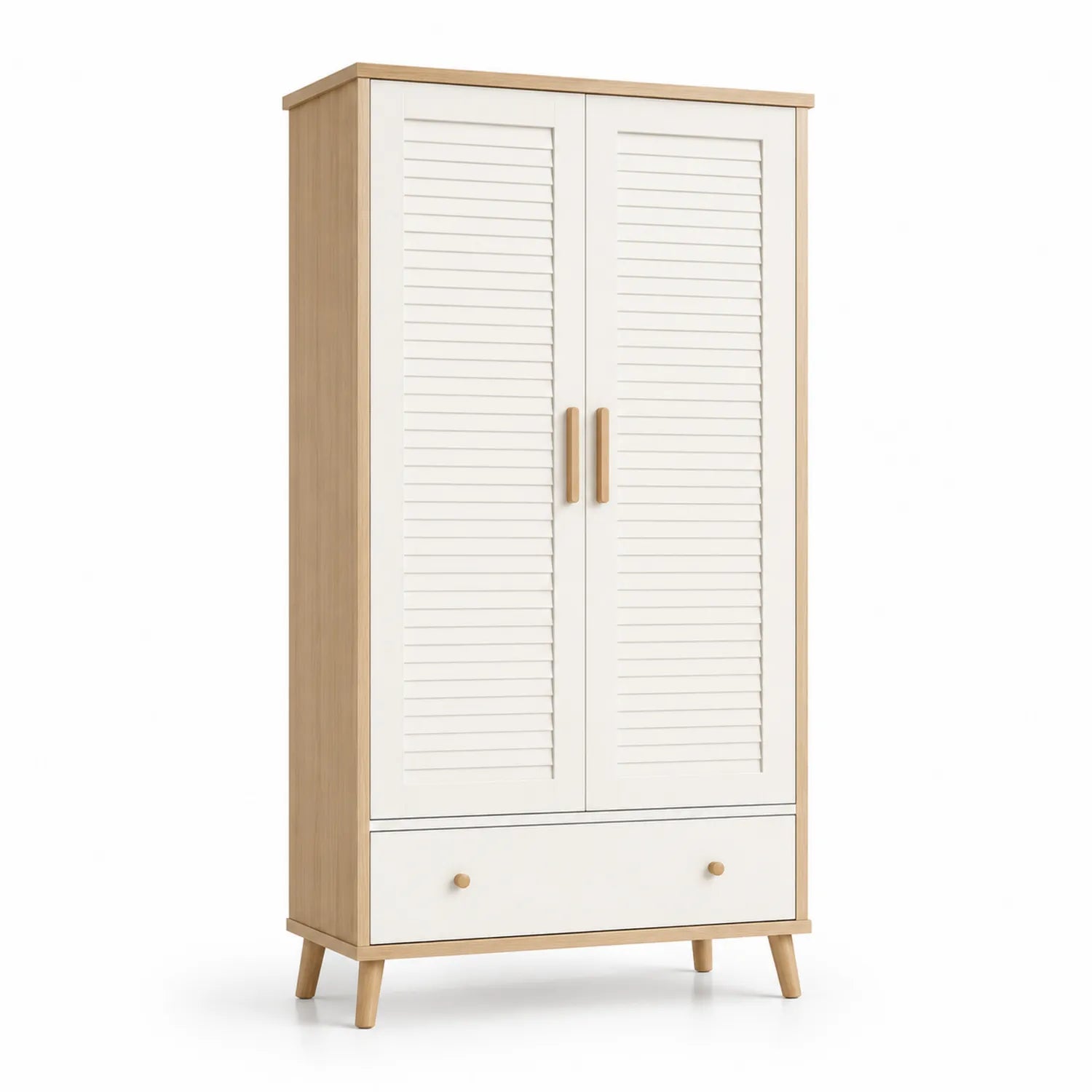 Kleiderschrank aus Holz und MDF mit Drehtüren in Weiß und hellem Holz