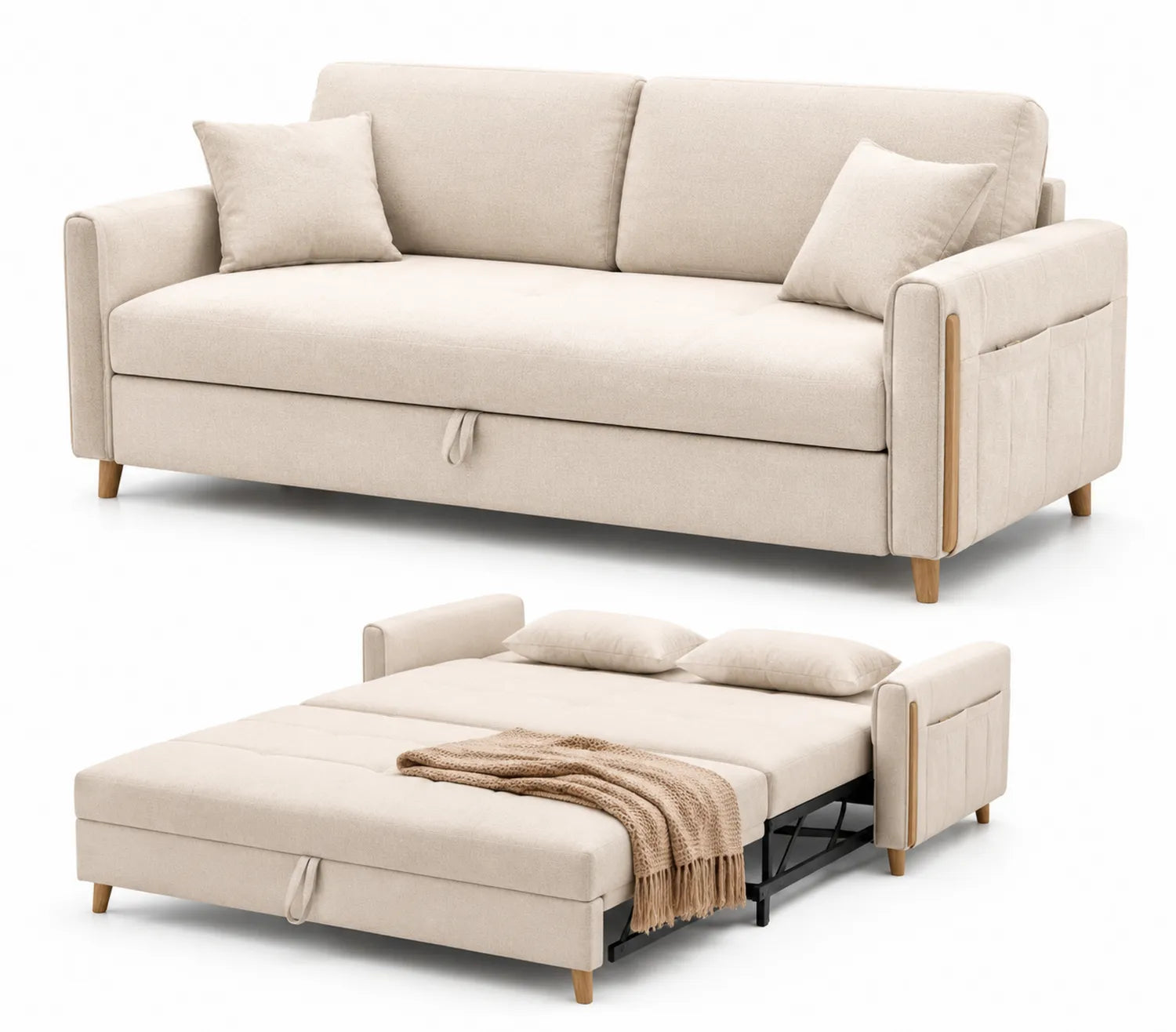 Beiges Stoff-Schlafsofa mit Holz- und Metallrahmen