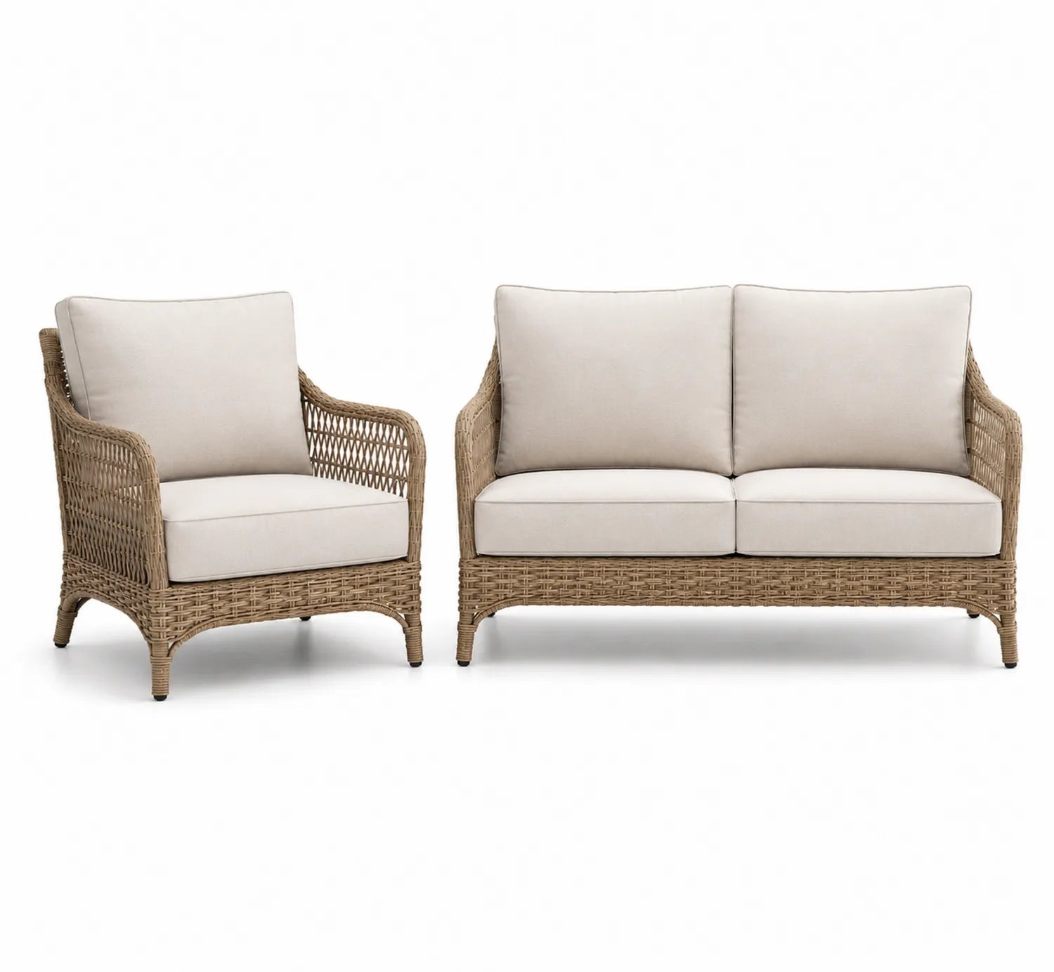 Rattansofa-Set, synthetisch, mit beigefarbenen Kissen