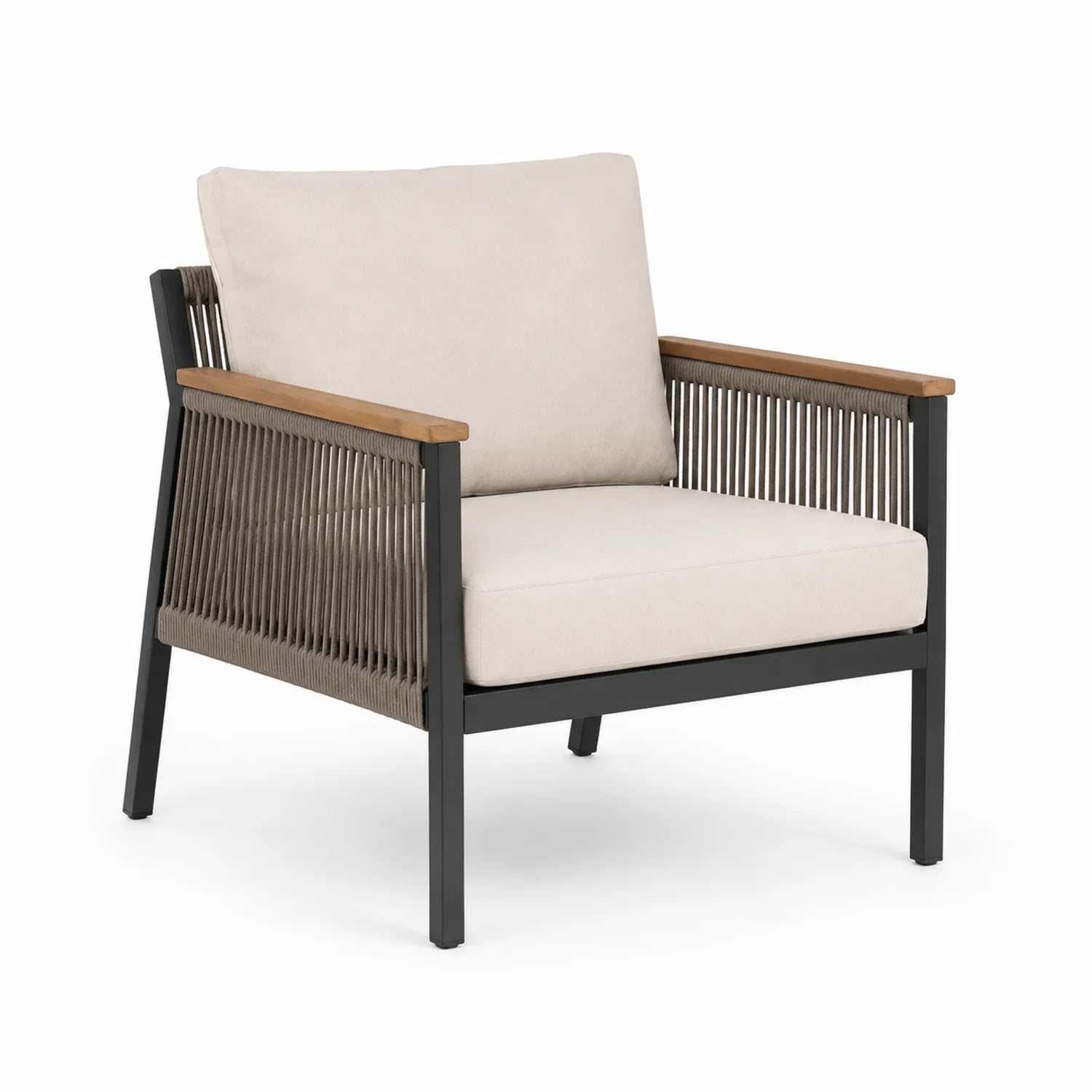 Outdoor-Sessel mit Aluminiumgestell und Polyesterseil, beigen Kissen und Armlehnen aus Eichenholz
