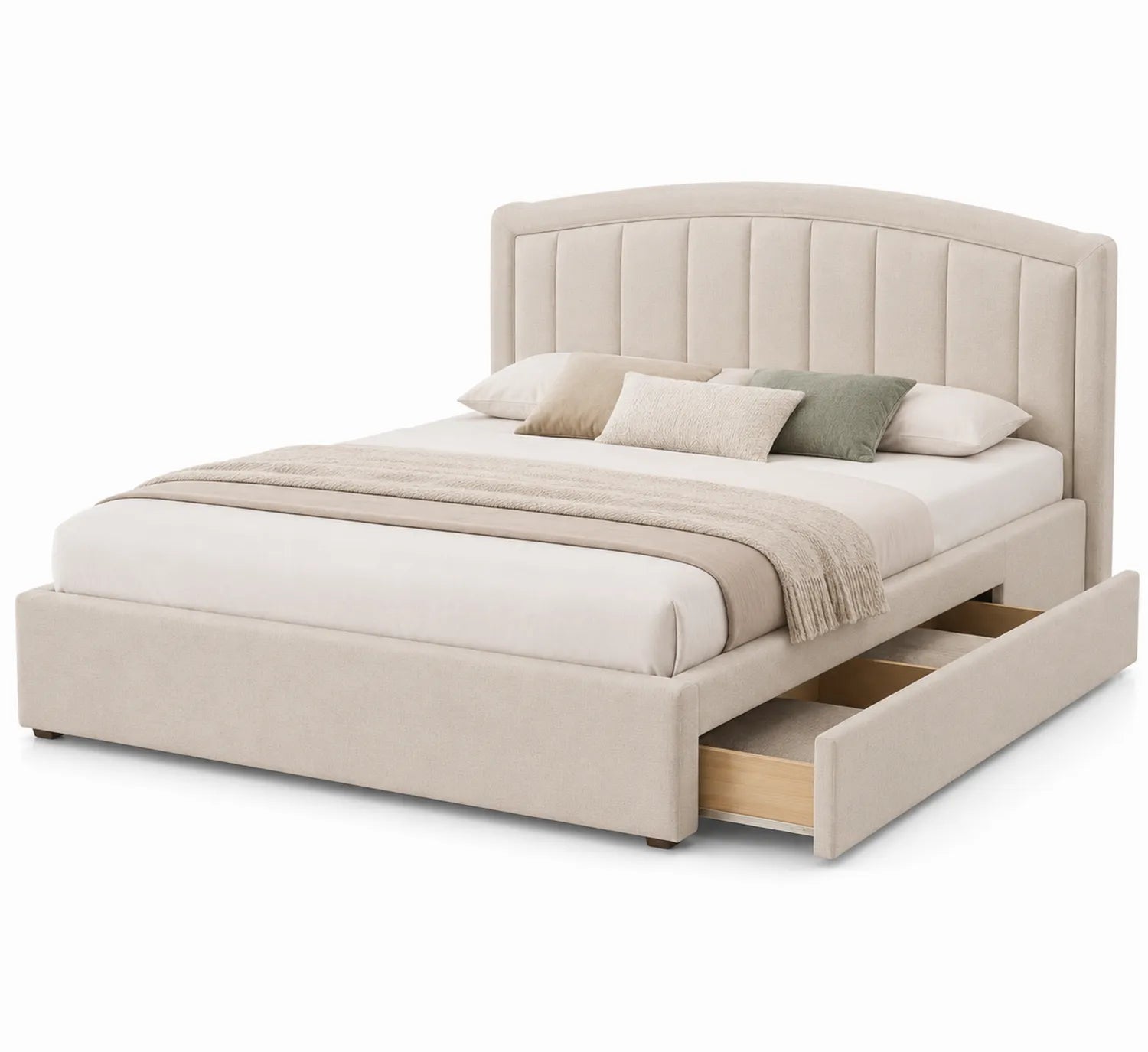 Bett mit geschwungenem Kopfteil aus beigem Polyester mit Stauraum 200x160 cm
