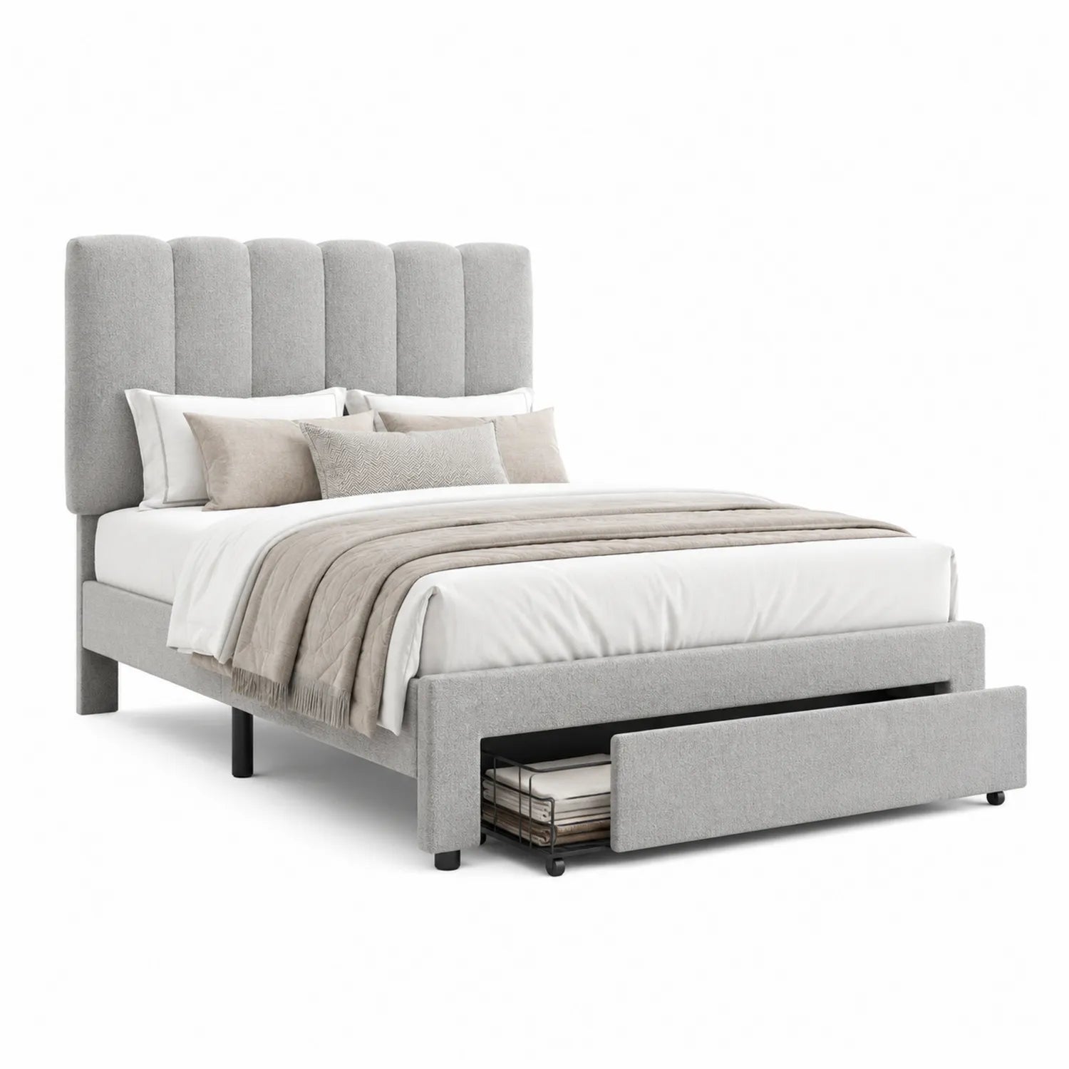Graues Polsterbett aus Polyester mit hohem Kopfteil und Stauraum 200x150 cm