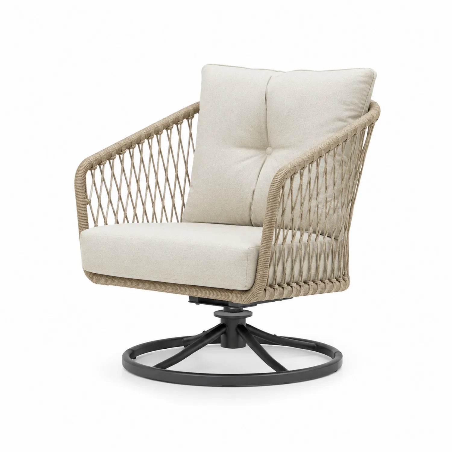 Drehbarer Outdoor-Sessel aus Polyesterseil mit beigen Kissen