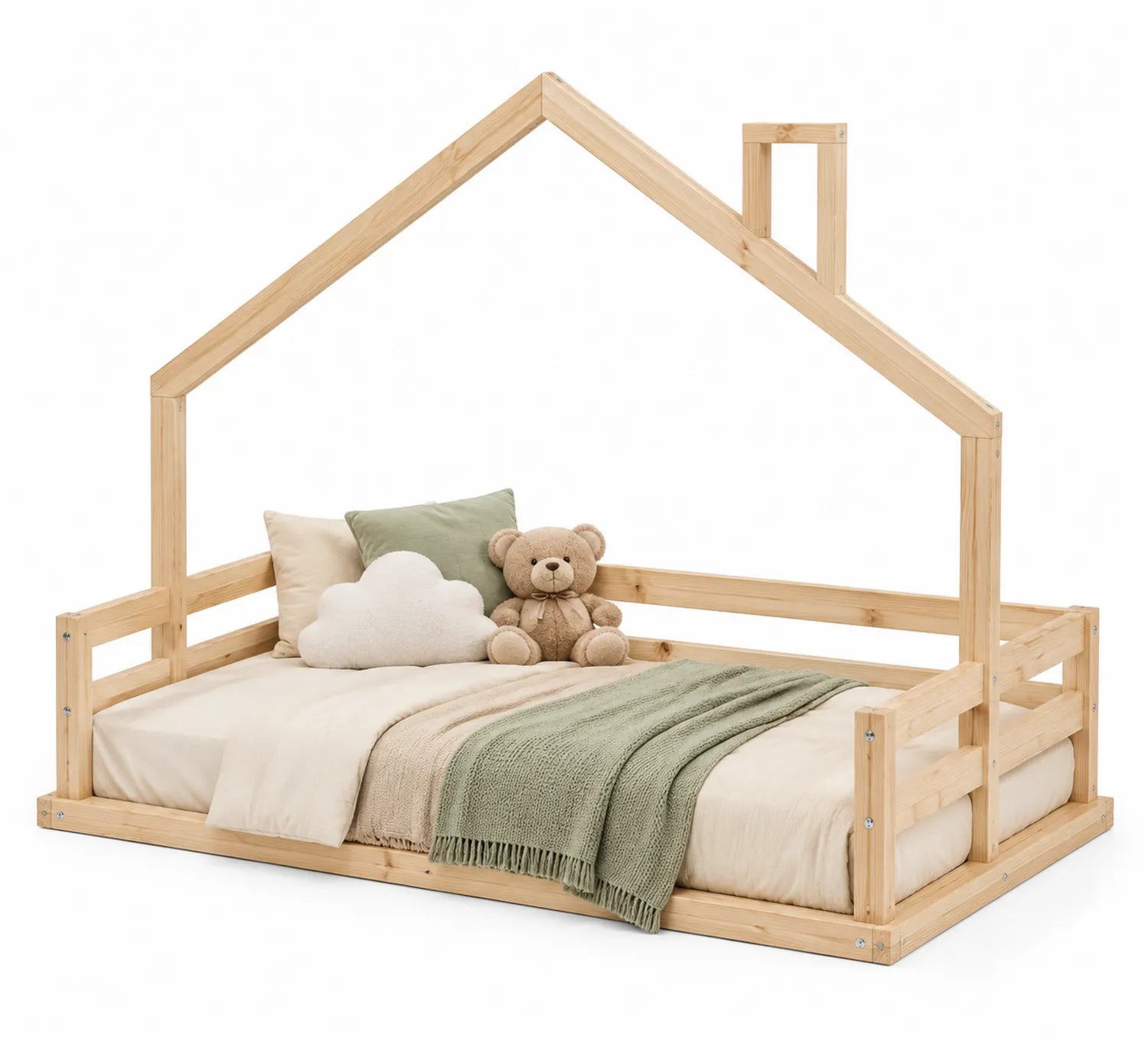 Kinderbett aus Kiefernholz mit Hausstruktur