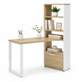 L-förmiger Schreibtisch mit Regal aus MDF und Metall, Eiche und Weiß