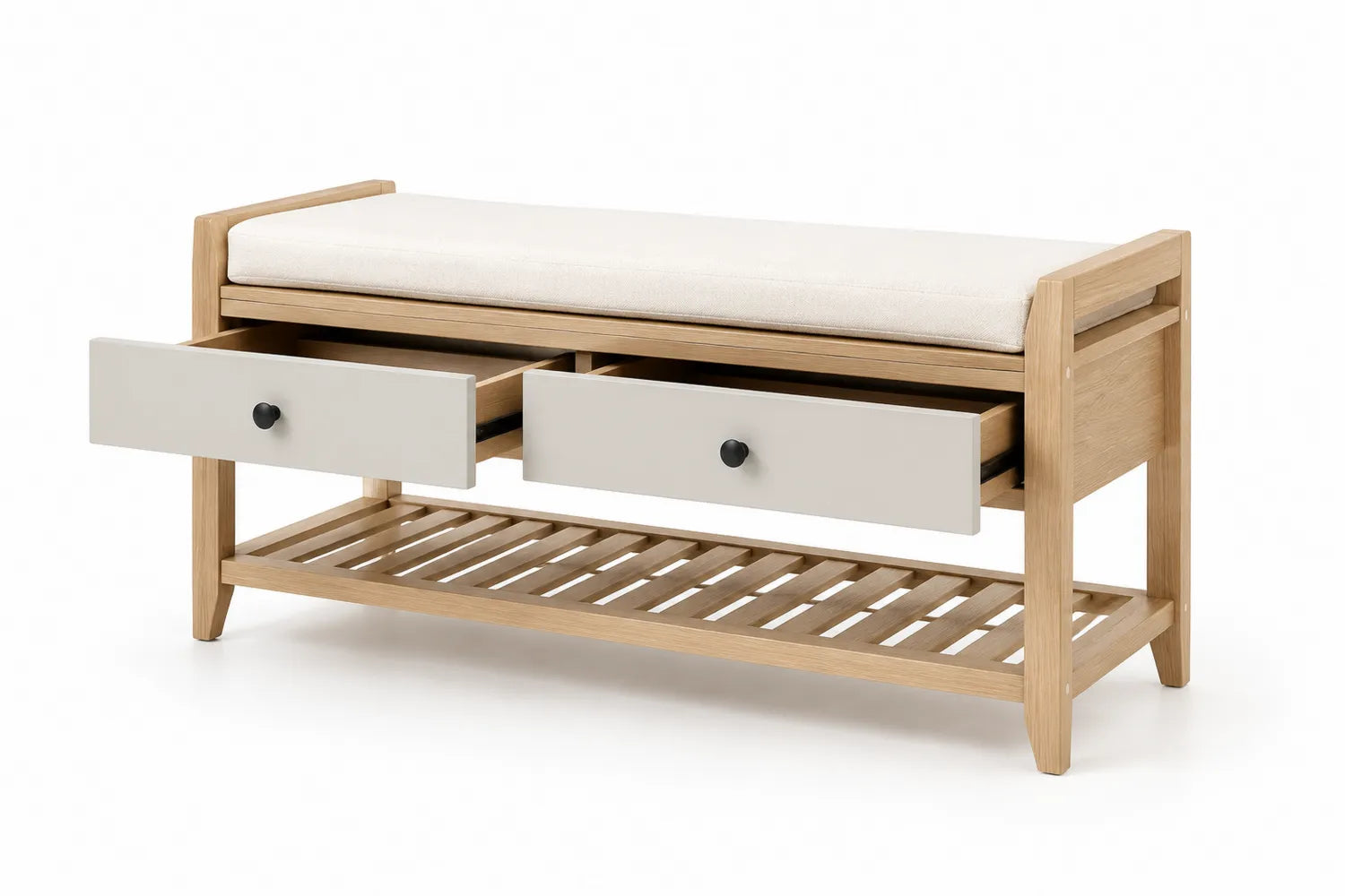 Sitzbank aus Holz mit Schubladen und Leinenkissen