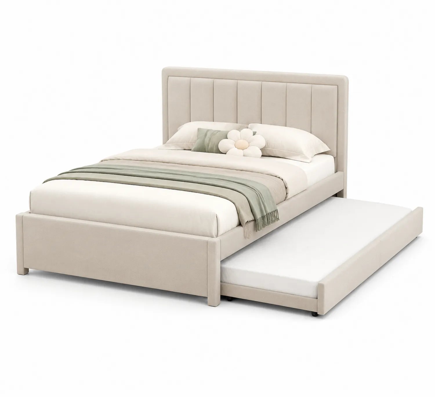 Doppelbett mit ausziehbarem Lattenrost aus beigefarbenem Polyestergewebe