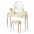Schminktisch aus Holz mit rundem Spiegel und Hocker, Beige