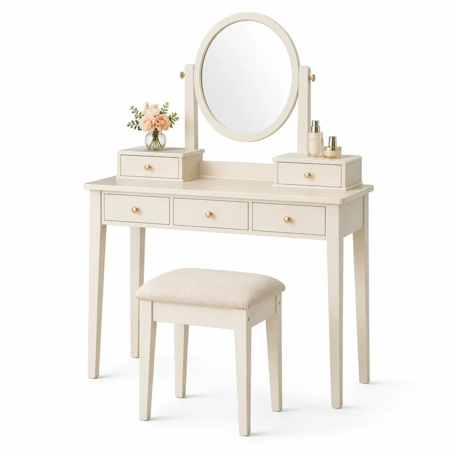 Schminktisch aus Holz mit rundem Spiegel und Hocker, Beige