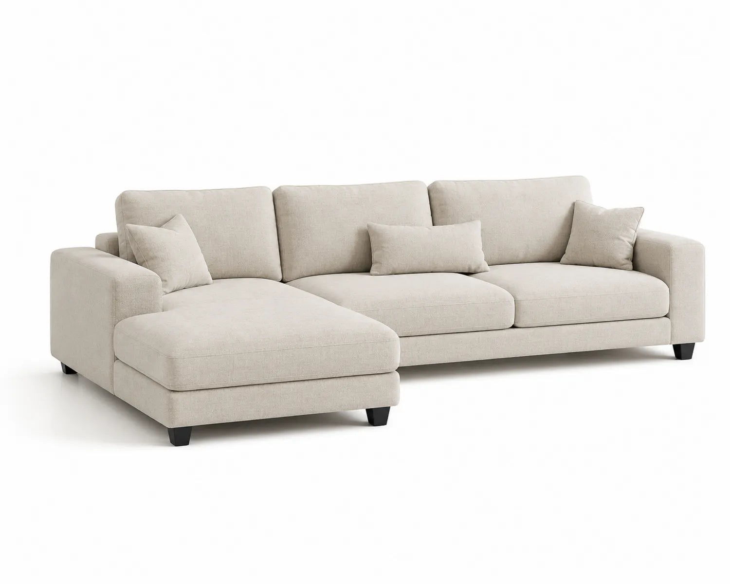 L-förmiges Sofa mit Chaiselongue aus beigem Stoff, 290 cm