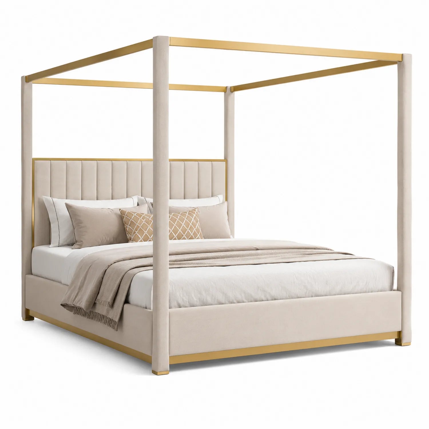 Himmelbett aus Samt in Elfenbein und goldfarbenem Metall 200x180 cm
