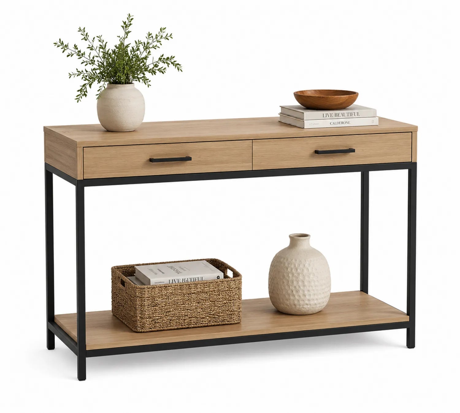 Konsolentisch aus Holz und Metall mit Regalen