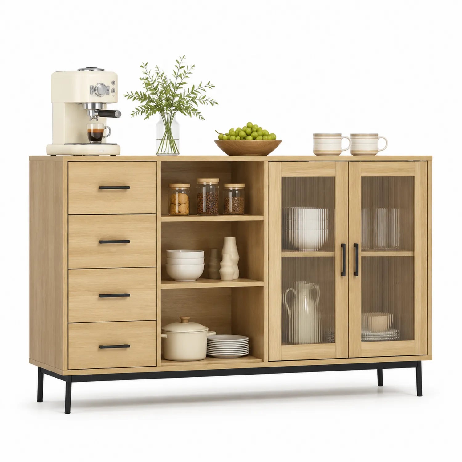 Sideboard aus Holz mit geriffeltem Glas und Metallgestell 160x45x80 cm